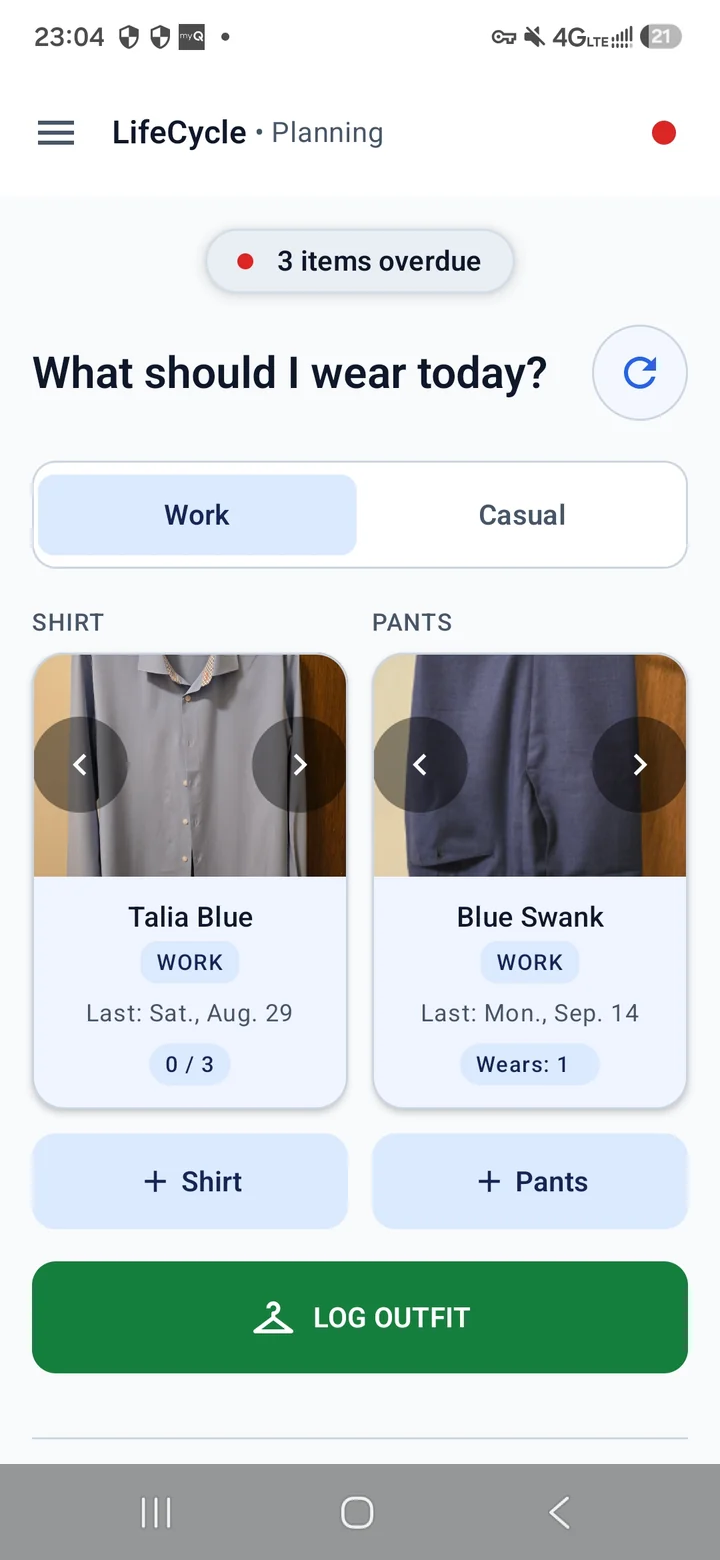 LifeCycle Planning screen with an overdue count and clothing rotation suggestions